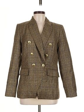 Nine West Double-Breasted Plaid Blazer Jacket - Brown - Medium